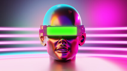 metaverse vr simulation gaming cyberpunk style, digital robot, 3d illustration rendering, virtual reality
