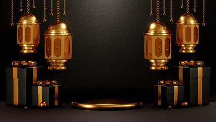 3D rendering of Podium Mockup, luxury gift boxes and Ramadan Festival Lanterns on a black background, illustration for print or banner website