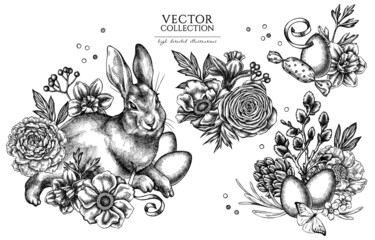 Easter vintage illustrations collection. Hand drawn logo designs with rabbit, eggs, willow branches, etc.