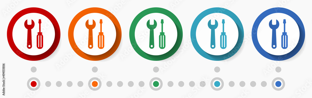 Fototapete service, tools concept vector icon set, flat design colorful buttons, infographic template in 5 colo