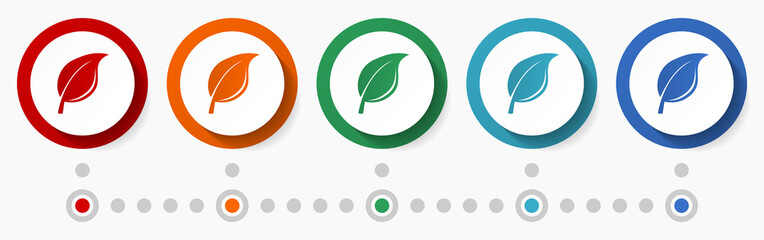 Leaf, nature, tree concept vector icon set, flat design colorful buttons, infographic template in 5 color options