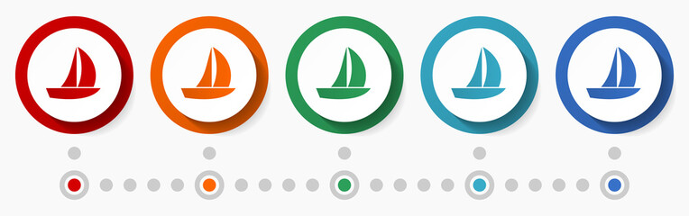 Sail, yacht concept vector icon set, flat design colorful buttons, infographic template in 5 color options