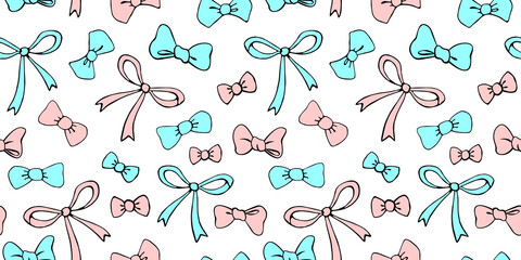 Seamless pattern with different bows, ribbons. Cute fun simple abstract vector background, texture for fabric, wrapping paper, kids design
