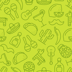 Subtle green on green Cinco de Mayo seamless pattern of outline icons.