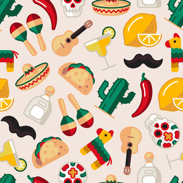 Colorful seamless pattern of Mexican flat icons.