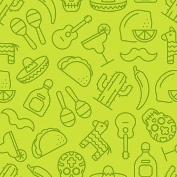 Subtle green on green Cinco de Mayo seamless pattern of outline icons.