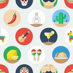 Colorful seamless pattern of circular Mexico related icons.
