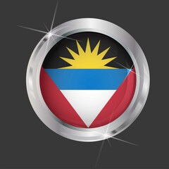 Flag of Antigua and Barbuda in circle. Glossy and shiny button with metal frame and sparkles. Light reflection. Round Graphic design element. Isolated on gray background. Vector image EPS 10