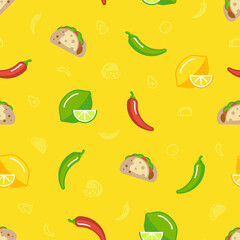 Colorful Mexican food icons with smaller icons in between on yellow background.