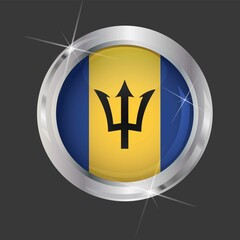 Flag of Barbados in circle. 3D effect. Glossy and shiny button with metal frame and sparkles. Light reflection. Round Graphic design element. Isolated on gray background. Vector image EPS 10. 