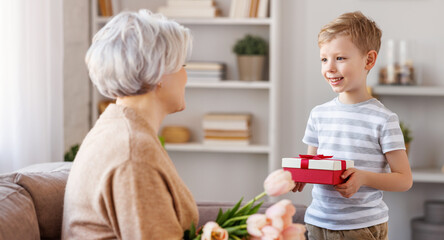 Obraz na płótnie Canvas Cheerful little boy giving present to grandmother