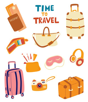 Travel items for recreation. Collection of luggage elements for travel, camera, bag, passport, wallet, sleep mask. Objects for travelling around the world. Vector cartoon illustration