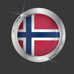 Obraz premium Flag of Bouvet Island in circle. 3D effect. Glossy and shiny button with metal frame and sparkles. Light reflection. Round Graphic design element. Isolated on gray background. Vector image EPS 10. 