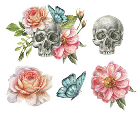 Watercolor botanical set with illustrations of a human skull with a floral wreath, as well as flowers, peony buds, roses, butterflies, leaves