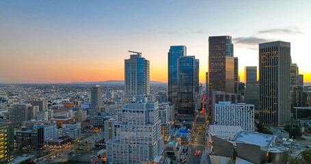 Los Angeles skyline and skyscrapers. Downtown Los Angeles aerial view, business centre of the city, downtown skyline at sunset.