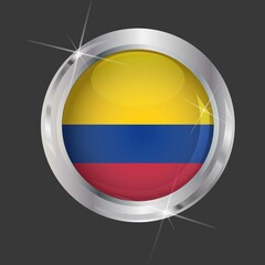 Flag of Colombia in circle. 3D effect. Glossy and shiny button with metal frame and sparkles. Light reflection. Round Graphic design element. Isolated on gray background. Vector image EPS 10. 