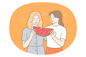 Summer healthy food and vitamins concept. Two smiling excited girls standing and eating red ripe watermelon fruit together having fun vector illustration 