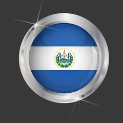 Flag of El Salvador in circle. 3D effect. Glossy and shiny button with metal frame and sparkles. Light reflection. Round Graphic design element. Isolated on gray background. Vector image EPS 10. 