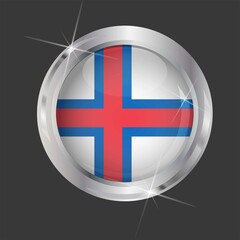 Fototapeta premium Flag of Faroe Islands in circle. 3D effect. Glossy and shiny button with metal frame and sparkles. Light reflection. Round Graphic design element. Isolated on gray background. Vector image EPS 10. 
