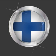 Flag of Finland in circle. 3D effect. Glossy and shiny button with metal frame and sparkles. Light reflection. Round Graphic design element. Isolated on gray background. Vector image EPS 10. 