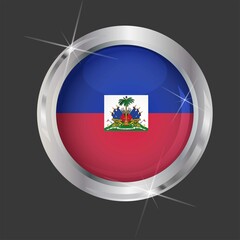 Obraz premium Flag of Haiti in circle. 3D effect. Glossy and shiny button with metal frame and sparkles. Light reflection. Round Graphic design element. Isolated on gray background. Vector image EPS 10. 