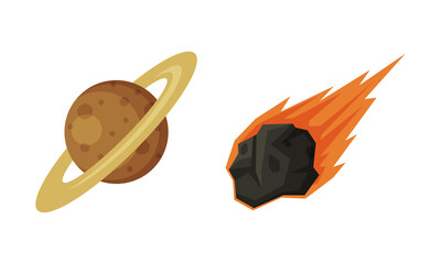 Saturn planet and flying flaming meteorite vector illustration - obrazy, fototapety, plakaty