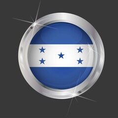 Flag of Honduras in circle. 3D effect. Glossy and shiny button with metal frame and sparkles. Light reflection. Round Graphic design element. Isolated on gray background. Vector image EPS 10. 