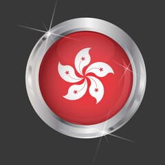 Flag of Hong Kong in circle. 3D effect. Glossy and shiny button with metal frame and sparkles. Light reflection. Round Graphic design element. Isolated on gray background. Vector image EPS 10. 