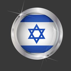 Flag of Israel in circle. 3D effect. Glossy and shiny button with metal frame and sparkles. Light reflection. Round Graphic design element. Isolated on gray background. Vector image EPS10