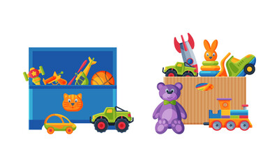 Fototapeta premium Cardboard and plastic box full of toys set. Colorful toys for kids cartoon vector illustration