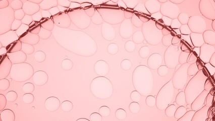 Macro shot of big transparent bubble with small white oil spots inside it on pink background |...