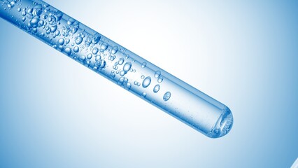 Hyaluronic acid is injected in test tube with clear liquid creating bubbles on pale blue background...