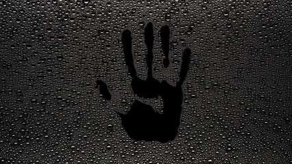 Handprint printed on the wet glass on black background | shower concept