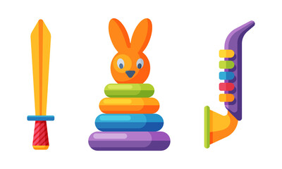 Saxophone, sword and colorful pyramid. Baby toys set. cartoon vector illustration