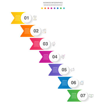 Modern 3D vector illustration. Circular infographic template with seven elements. Contains icons and text. Designed for business, presentations, web design, 7-step diagrams.