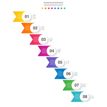 Modern 3D vector illustration. Circular infographic template with eight elements. Contains icons and text. Designed for business, presentations, web design, 8-step diagrams.