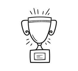 Doodle champion trophy cup of winner. Hand drawn award decorative icon. Sport prize trophy. Vector illustration isolated on white background.