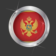 Flag of Montenegro in circle. 3D effect. Glossy and shiny button with metal frame and sparkles. Light reflection. Round Graphic design element. Isolated on gray background. Vector image EPS10