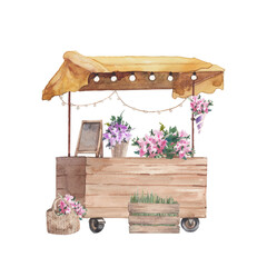 Flowers cart shop. Watercolor summer outdoor illustration isolated on white background. Flowers market in cartoon style
