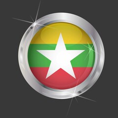 Flag of Myanmar in circle. 3D effect. Glossy and shiny button with metal frame and sparkles. Light reflection. Round Graphic design element. Isolated on gray background. Vector image EPS10