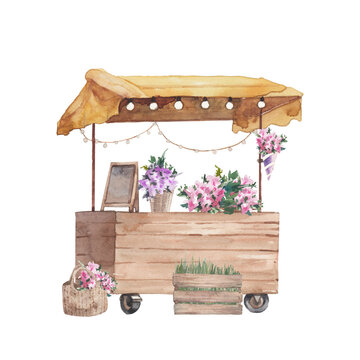 Flowers cart shop. Watercolor summer outdoor illustration isolated on white background. Flowers market in cartoon style