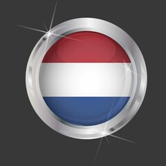 Flag of Netherlands in circle. 3D effect. Glossy and shiny button with metal frame and sparkles. Light reflection. Round Graphic design element. Isolated on gray background. Vector image EPS10