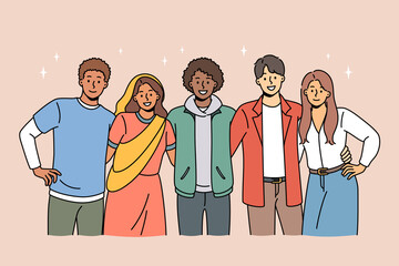 Portrait of multicultural young people stand pose together hugging show international friendship and unity. Smiling diverse multiethnic friends enjoy time together. Diversity. Vector illustration. 