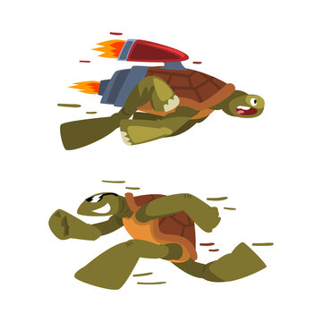 Fast turtles set. Funny tortoise with jet engine cartoon vector illustration