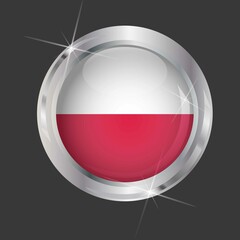 Flag of Poland in circle. 3D effect. Glossy and shiny button with metal frame and sparkles. Light reflection. Round Graphic design element. Isolated on gray background. Vector image EPS10