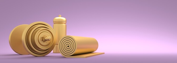 Gym training and home exercising and fitness equipment. Dumbbells, yoga mat and bottle. Tools for healthy lifestyle and wellbeing. 3D render