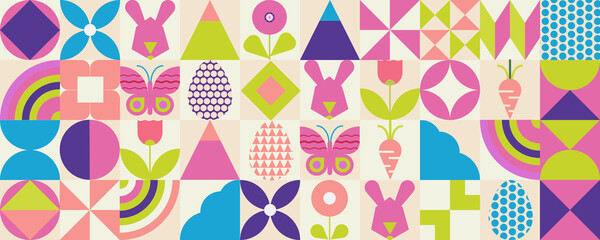 Cute easter and spring flower geometric and mosaic pattern background vector.