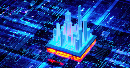 3D rendering of cyberpunk AI. Circuit board. Technology background. Central Computer Processors CPU and GPU concept. Motherboard digital chip. Tech science background.