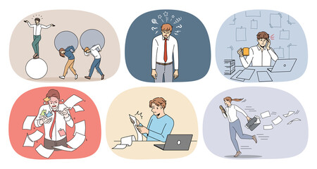 Set of businesspeople stressed overwhelmed with workload in office. Collection of diverse employees or workers distressed with overload at workplace. Overwork and fatigue. Vector illustration. 