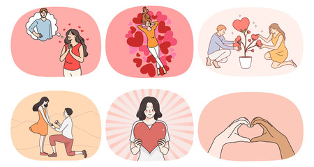 Naklejka na ściany i meble Set of people show love and care happy in relationships. Collection of men and women in relations. Affection and bonding. Partnership and feeling concept. Flat vector illustration. 